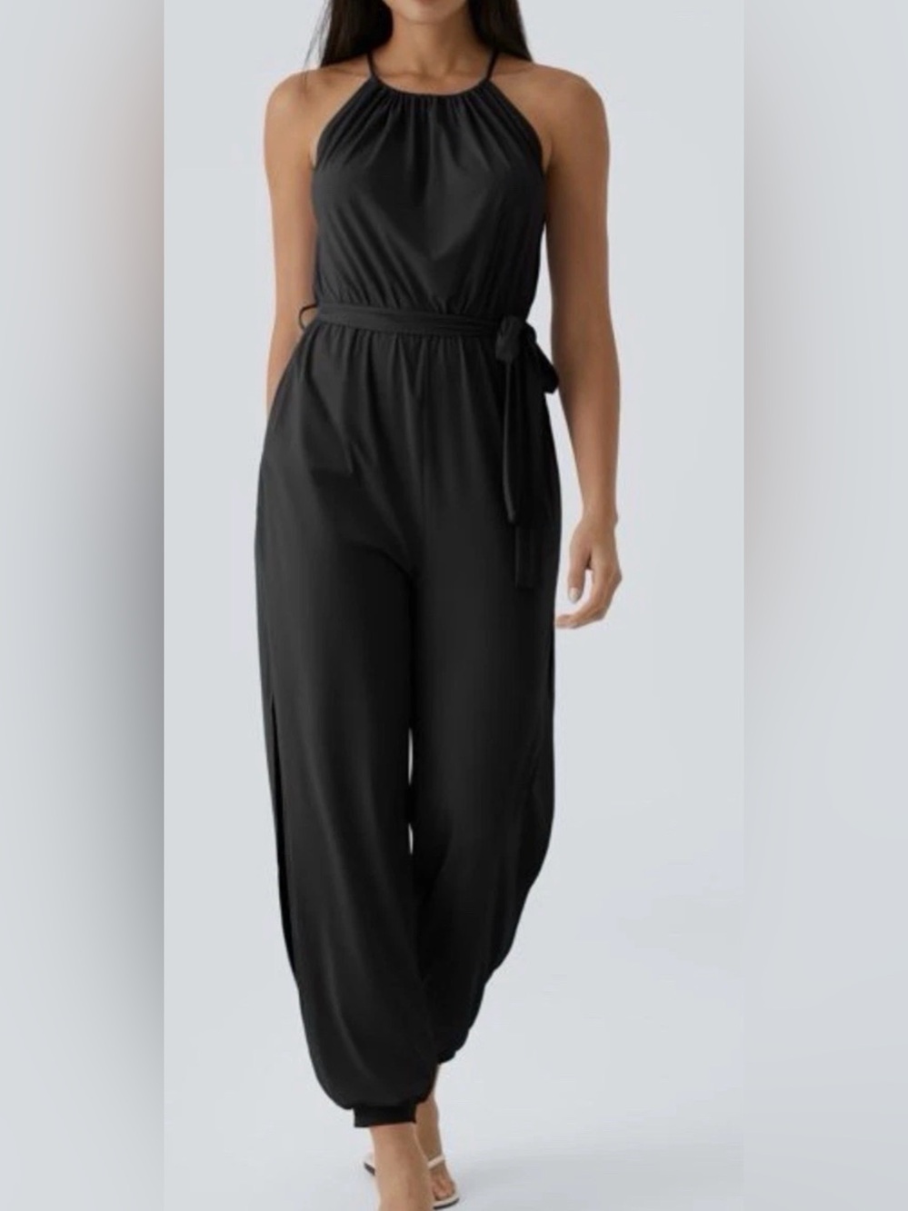 Hilara Cool Touch SPF Halter SwimCover  Jumpsuit BLK  Open Leg Cuff Jogger 2X/20